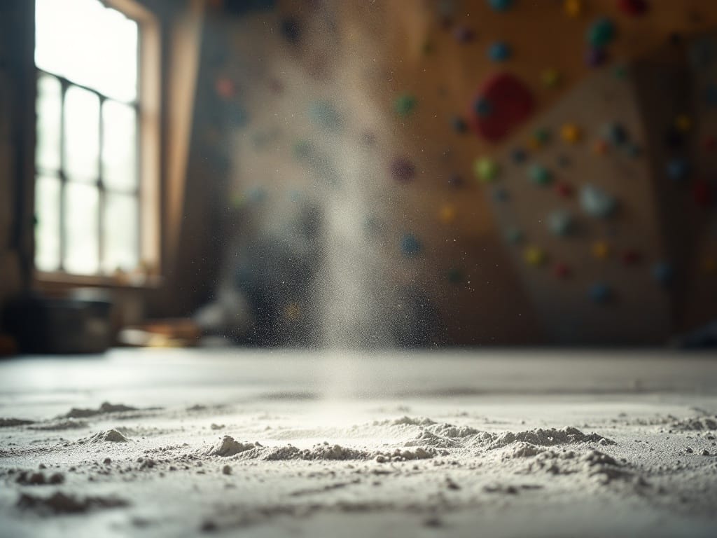 Chalk dust hanging in a shaft of daylight inside a climbing gym, with a wall of holds blurred behind it.