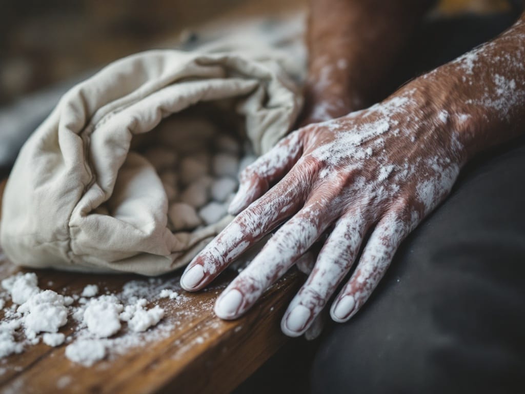 A pair of chalk-covered hands resting on a wooden bench beside an open chalk bag.