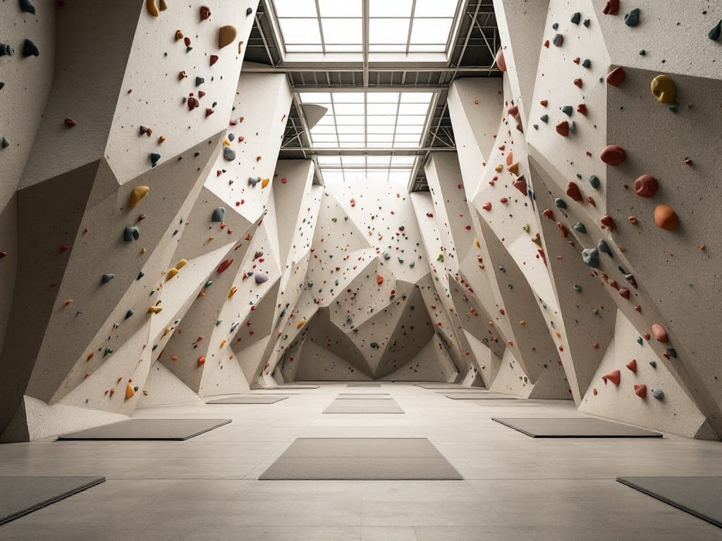 The interior of an indoor climbing gym, with tall angled walls covered in climbing holds and matting across the floor.