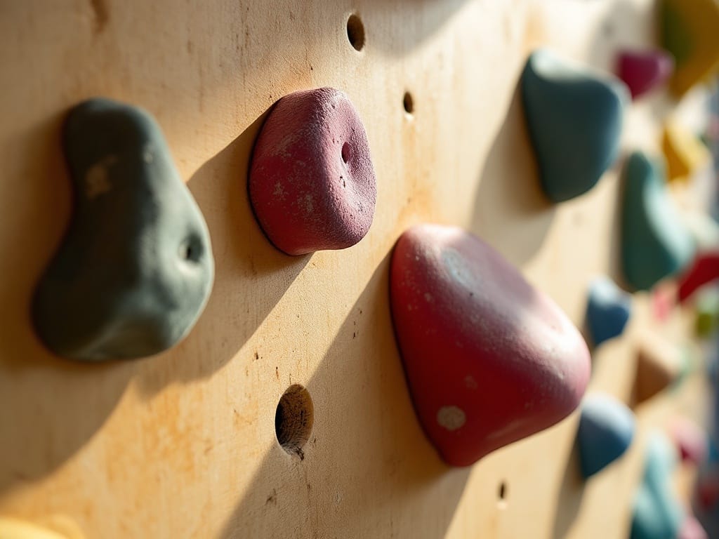 A close view of resin climbing holds bolted to a plywood wall, chalk residue visible on the grips.