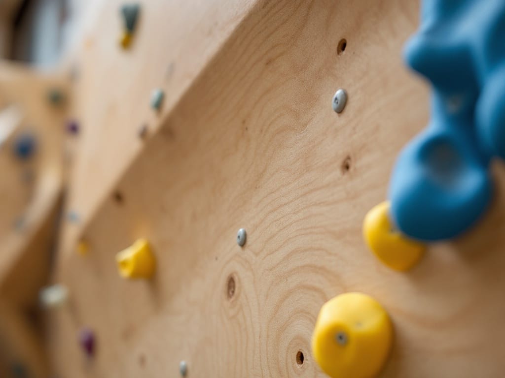 A section of plywood climbing wall showing its grain, bolt fittings, and a cluster of blue and yellow holds.
