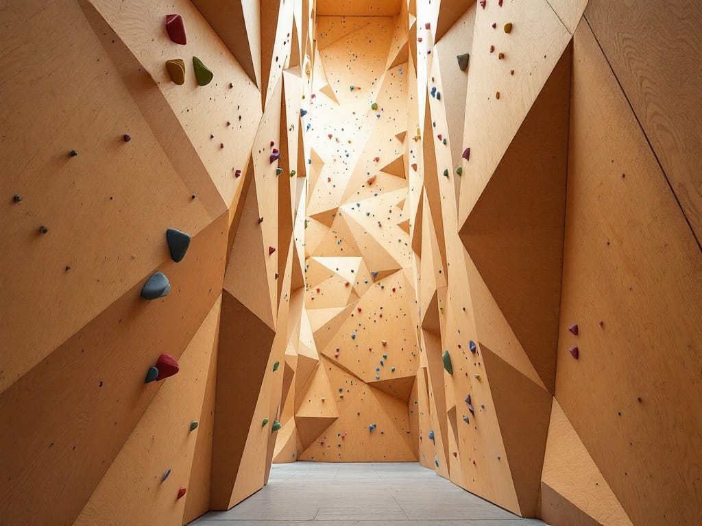 Looking up a tall indoor climbing wall built from large angular plywood volumes, with holds scattered across them.